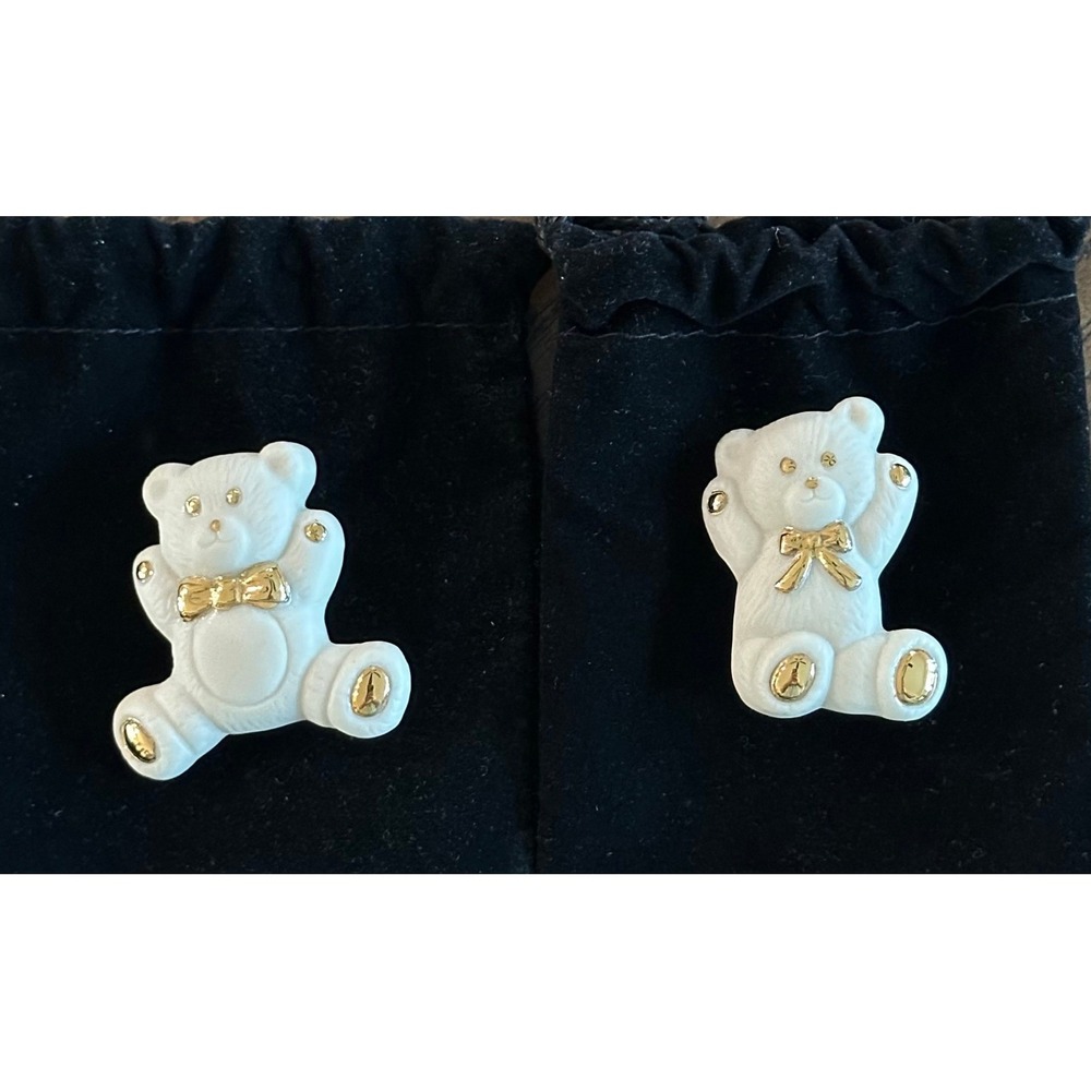 Vintage White Teddy Bear Brooch Pin Set Gold Tone Bow Accents 2 Piece Hallmark S